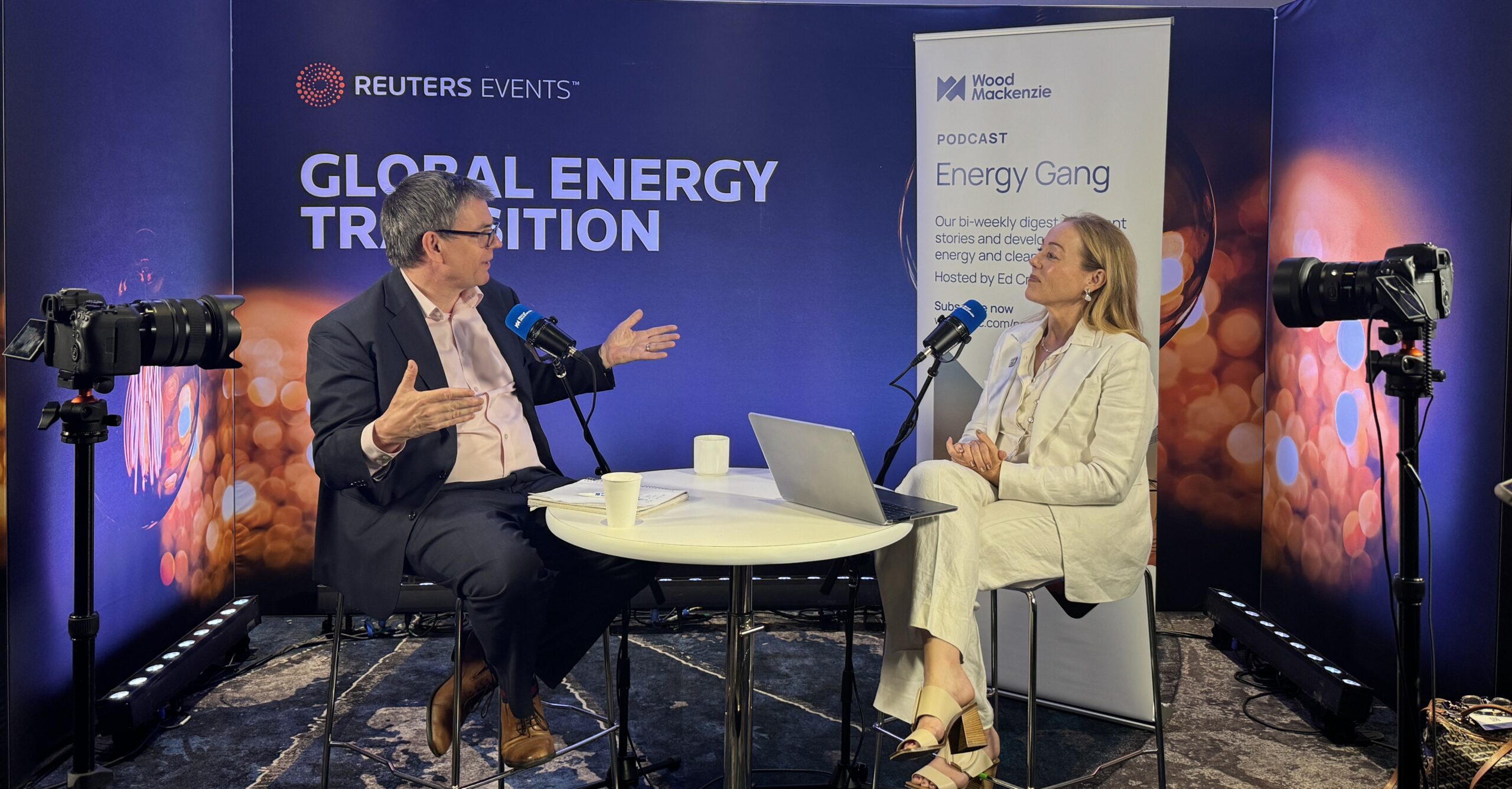 The Podcast Guys recording Wood Mackenzie's Energy Gang podcast live at the Reuters Global Energy Transition event