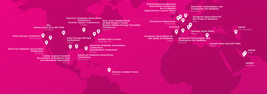 World map showing the global events and conferences where The Podcast Guys have recorded live podcasts, from COP29 in Baku to ADIPEC in Abu Dhabi and diabetes conferences across the US and Europe
