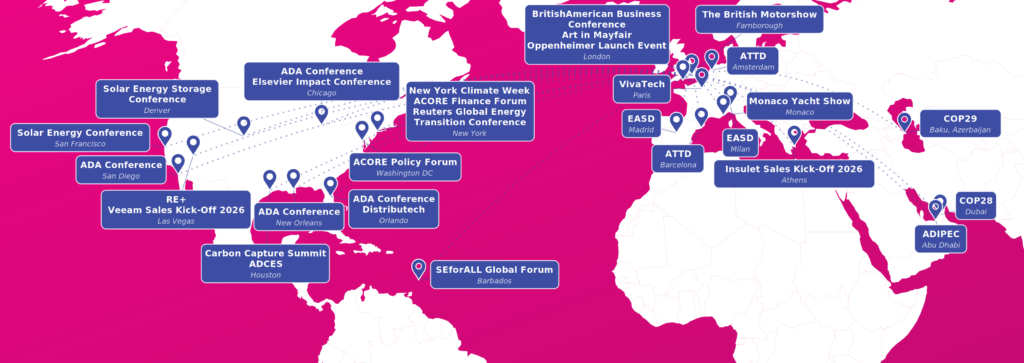 World map showing the global events and conferences where The Podcast Guys have recorded live podcasts, from COP29 in Baku to ADIPEC in Abu Dhabi and diabetes conferences across the US and Europe